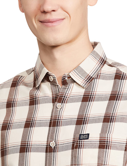 The Indian Garage Co Beige Regular Fit Spread Collar Checkered Long Sleeves Shirt
