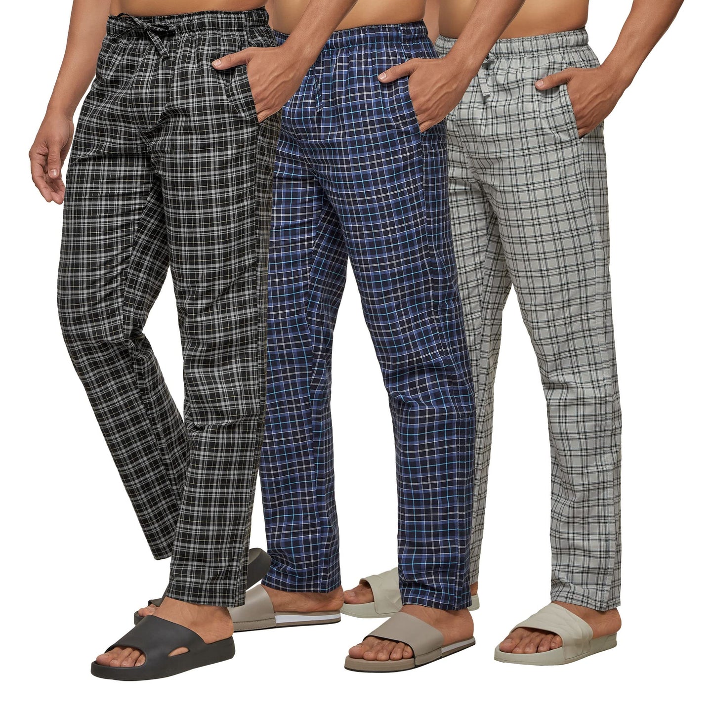 XYXX Mens Super Combed Cotton Checkered Checkmate Pyjamas [Pack of 3] Elasticated Waist, Drawstring | Loungewear for Men in Blu