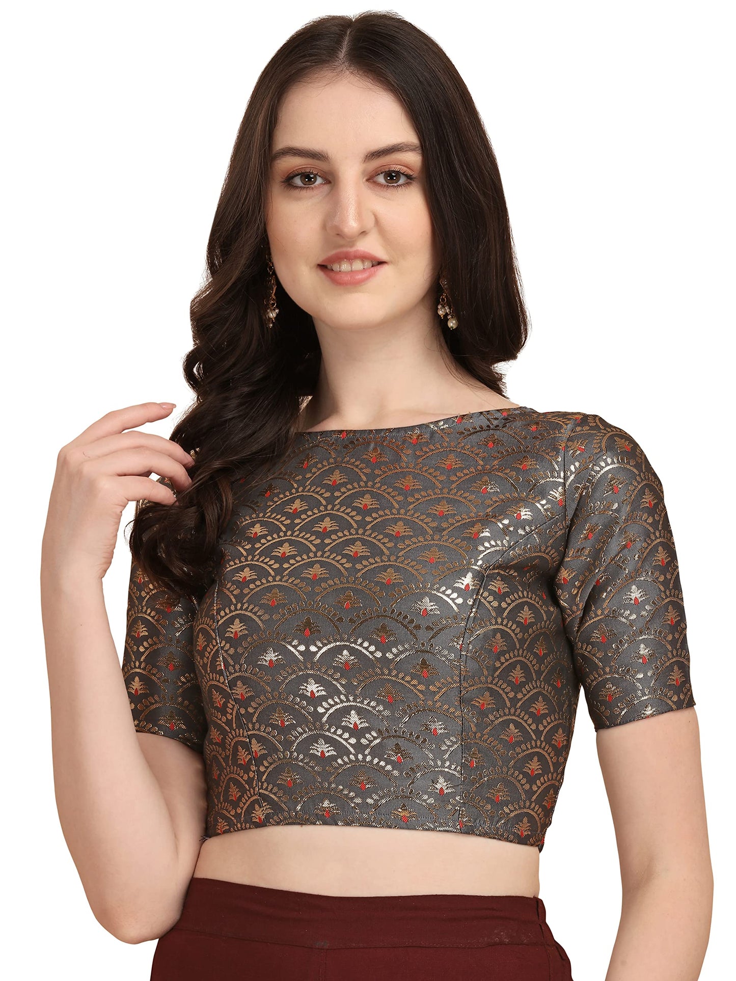 Oomph! WomenS Indian Ethnic Wear Designer Zari Work Boat Neck Half Sleeve Cloud Grey Color Blouse For Saree Or Lehnga And Palaz