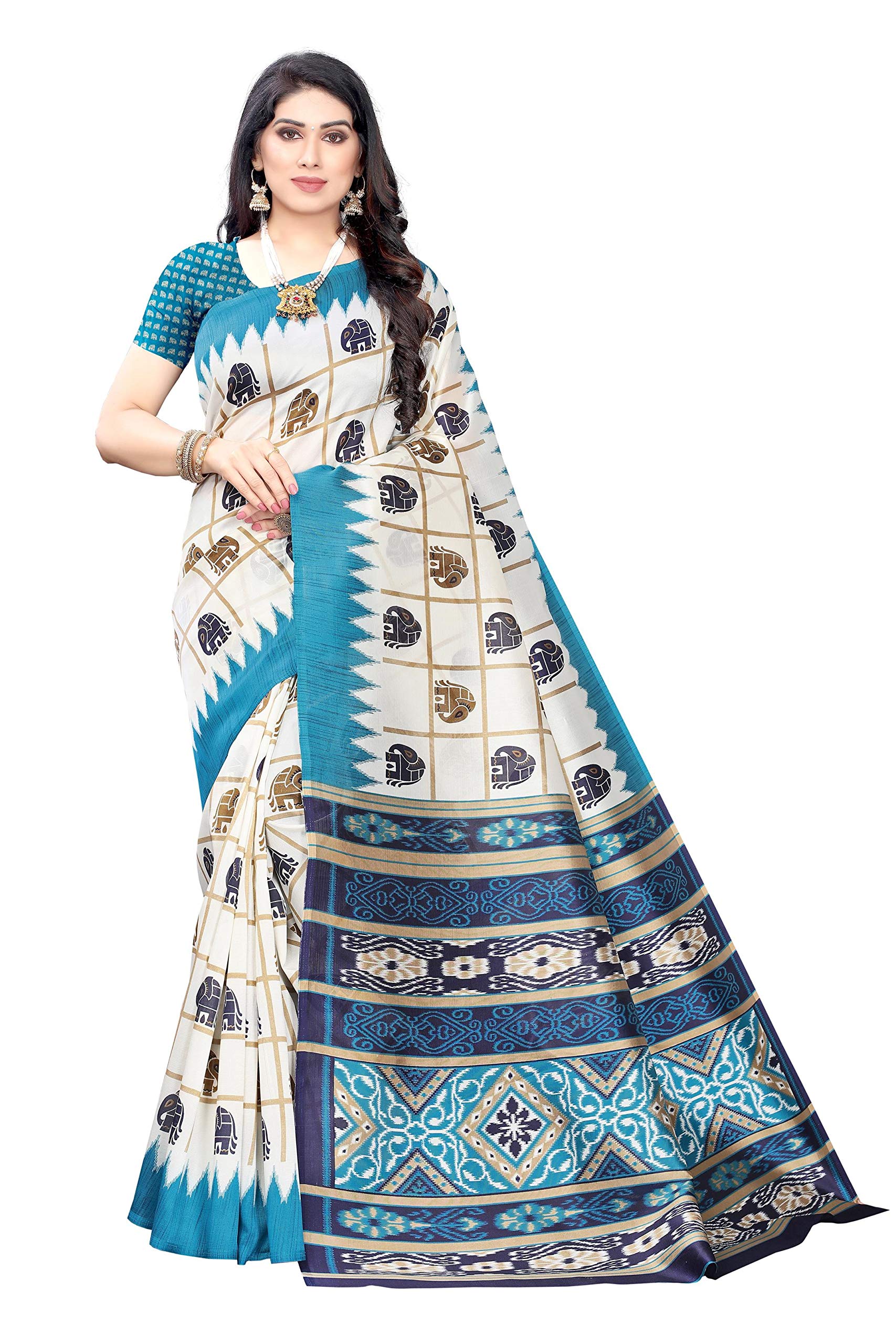 ANNI DESIGNER Womens Blue Silk Printed Saree With Blouse (MILY BLUE_Free Size)