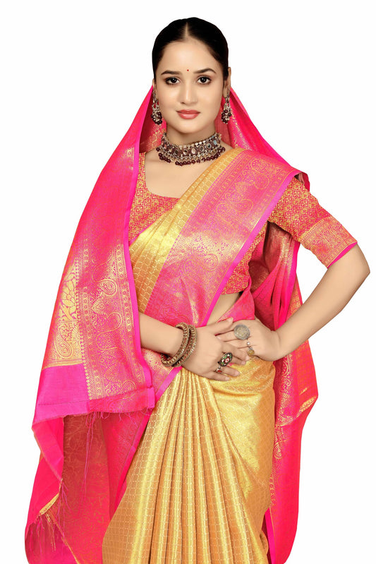 Sugathari WomenS Gold And Pink Kanjivaram Banarasi Silk Saree For Patola Festival Wedding Silk With Rich Pallu Design Sarees Fo