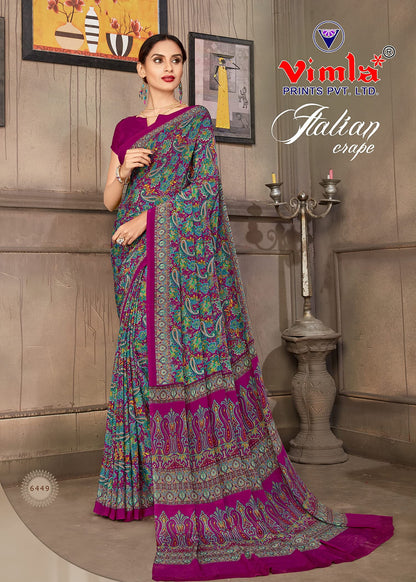 Vimla WomenS Multi Crepe Silk Uniform Saree With Blouse - Elegant Office Wear, Comfortable And Durable, Vibrant Colors, Easy Ma