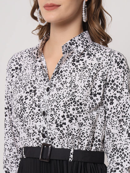Kzully WomenS Print 3/4 Sleeve Pleated Midi Dress With Belt Black