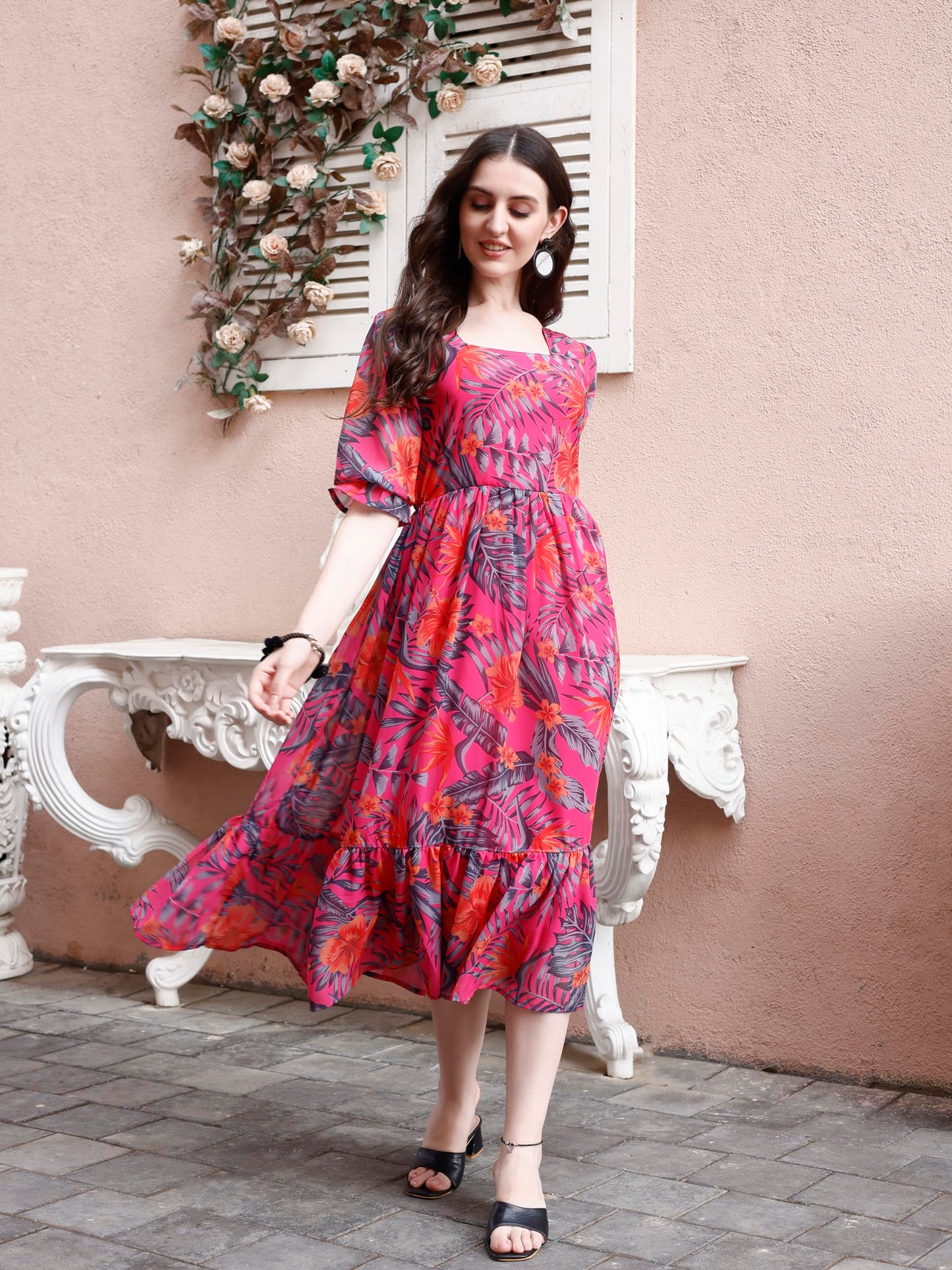 SMOWKLY Womens Georgette Floral Printed Indo-Western Ethnic Gown || Half Sleeve V Neck Fit & Flare Flared Hem Design || Casual
