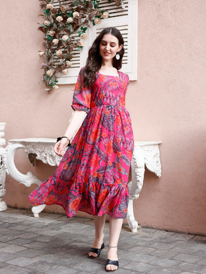 SMOWKLY Womens Georgette Floral Printed Indo-Western Ethnic Gown || Half Sleeve V Neck Fit & Flare Flared Hem Design || Casual