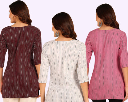 Dsk Studio WomenS And GirlS Striped Short Kurti With Notch Neck 3/4 Sleeves Straight Hem Length | Short Kurti For Women Latest
