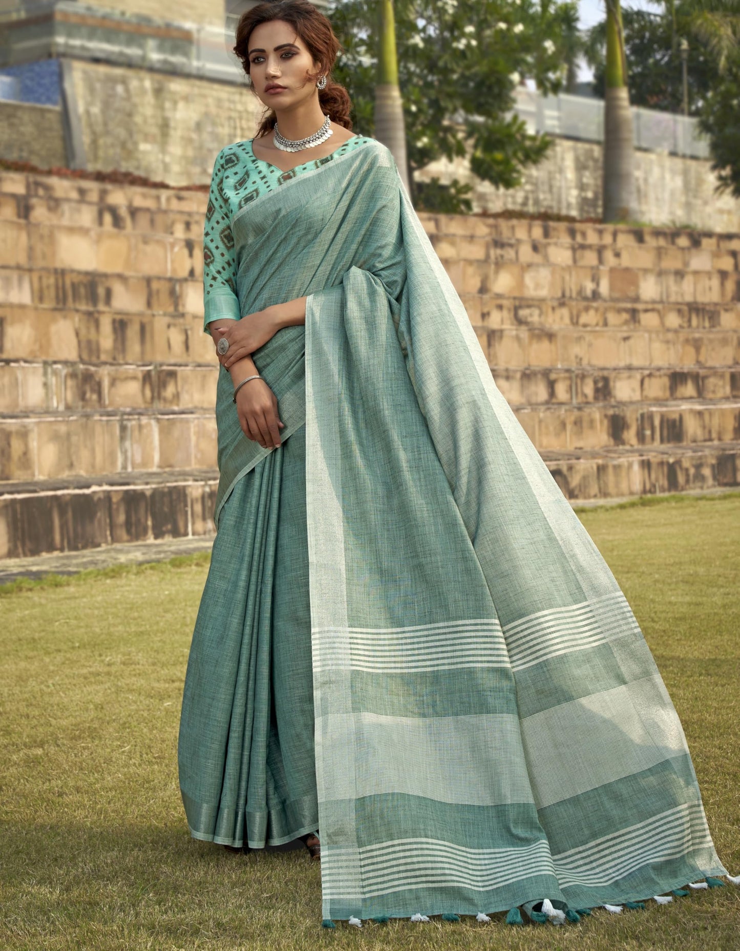 Pujia Mills Woman Soft Linen Saree With Zari Woven Design Cotton Saree Zari Border Saree Indian Ethnic Wear Saree Cotton Saree C