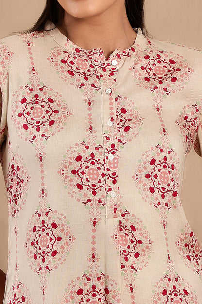 W Beige Floral Printed Regular Kurta for Women