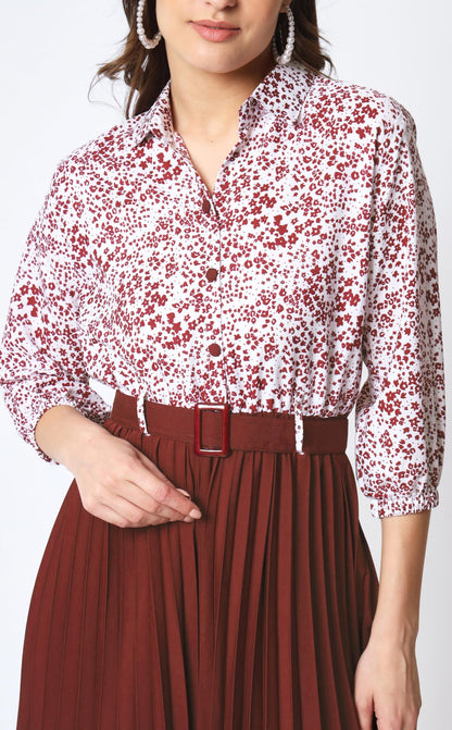 Kzully WomenS Print 3/4 Sleeve Pleated Midi Dress With Belt Maroon