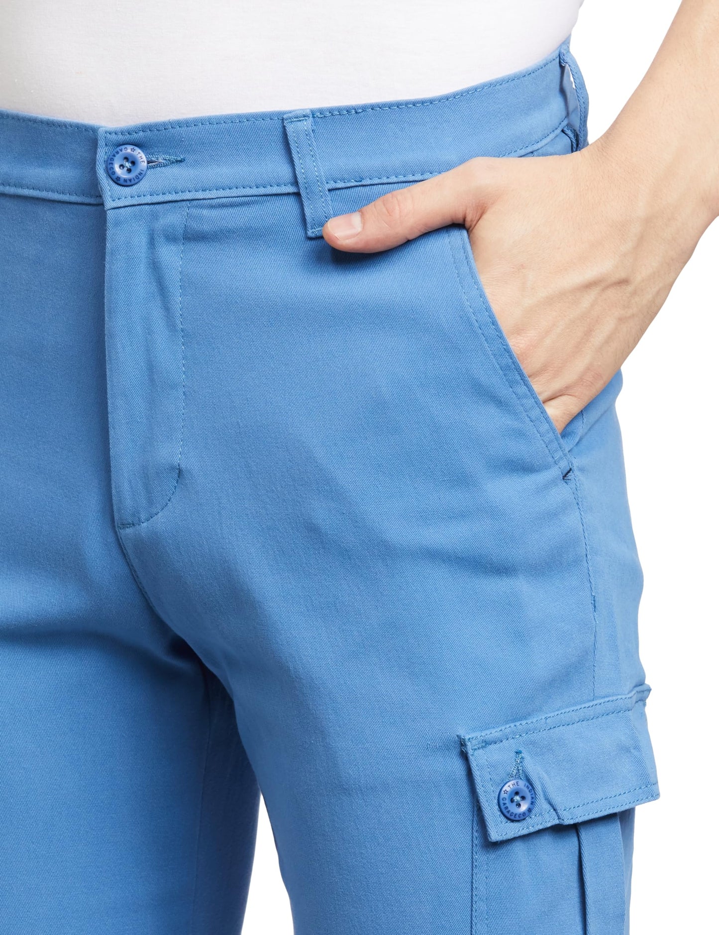 The Indian Garage Co Men Slim Fit Solid Mid-Rise Stretchable Cuffed Cargos Airforce Blue