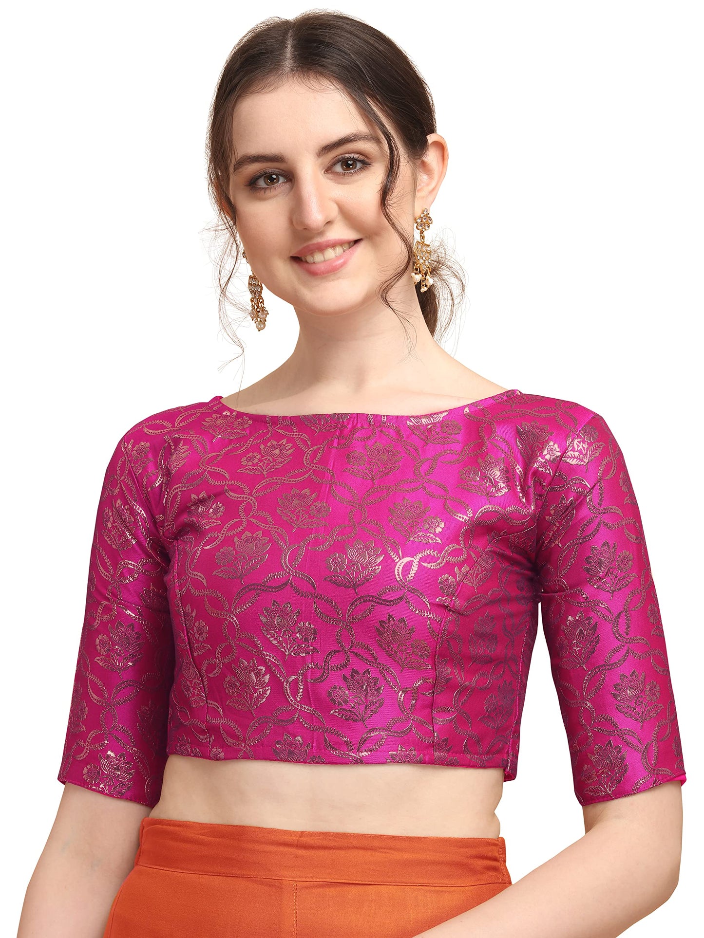 Oomph! WomenS Indian Ethnic Wear Designer Twist Leaf Pattern Zari Work Boat Neck Half Sleeve Pink Color Jacquard Readymade Blou