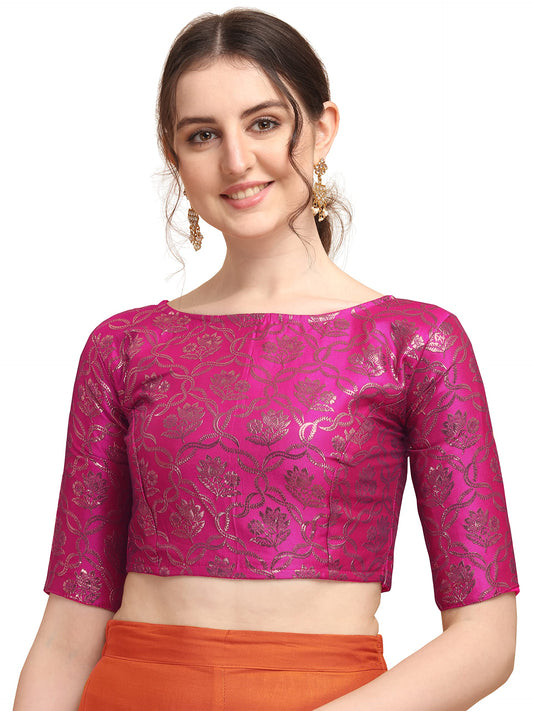 Oomph! WomenS Indian Ethnic Wear Designer Twist Leaf Pattern Zari Work Boat Neck Half Sleeve Pink Color Jacquard Readymade Blou