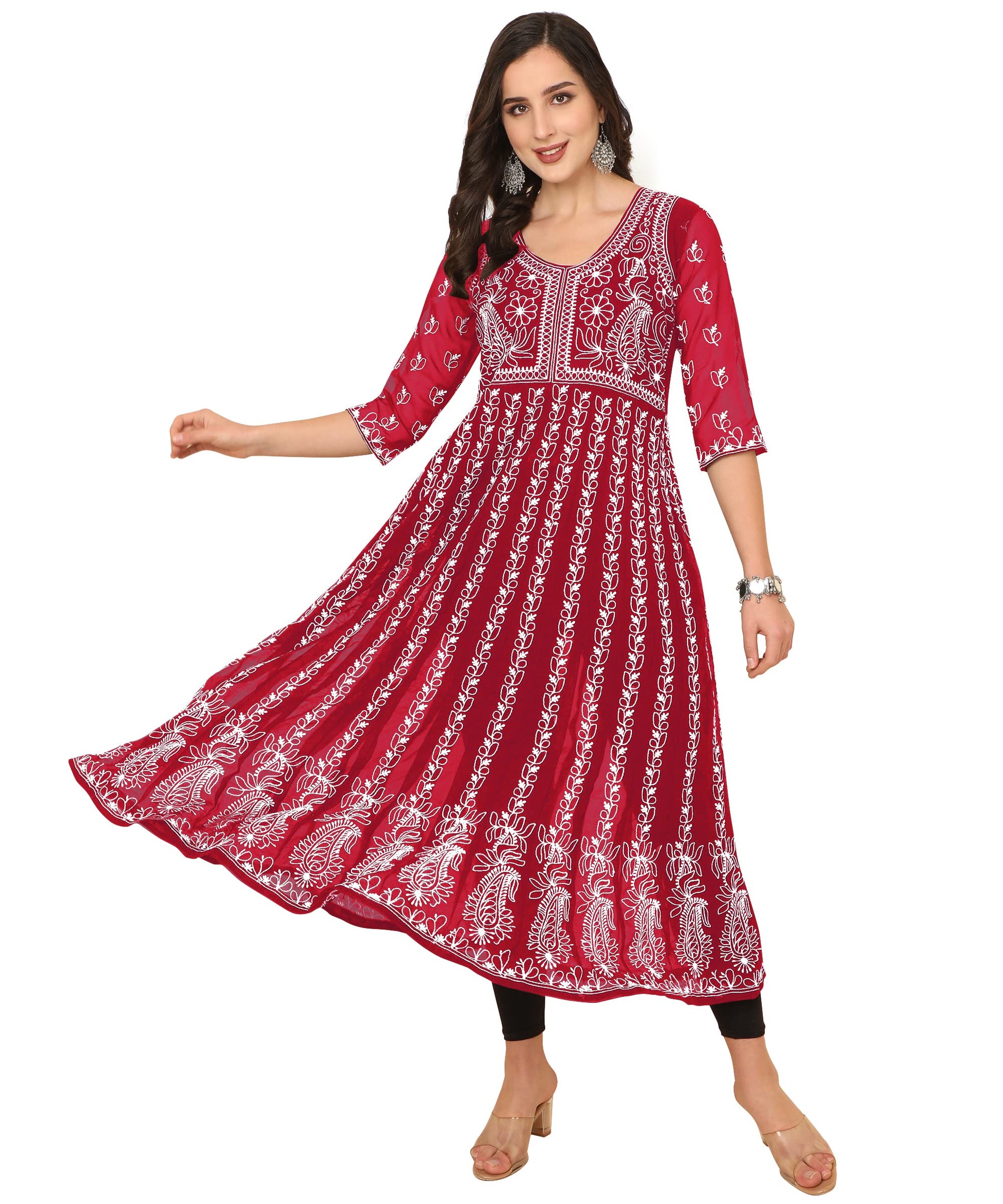 EthnicJunction Women s Georgette Chikankari Embroidery Anarkali Kurta (B19-Apsara-Maroon_2XL_Maroon)