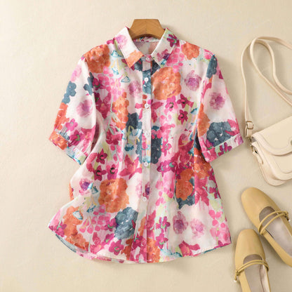 Gufrina Women Pink Multicolor Floral Print Button-Down Shirt With Elbow Sleeves And Collar Neck In Soft Breathable Fabric Ideal