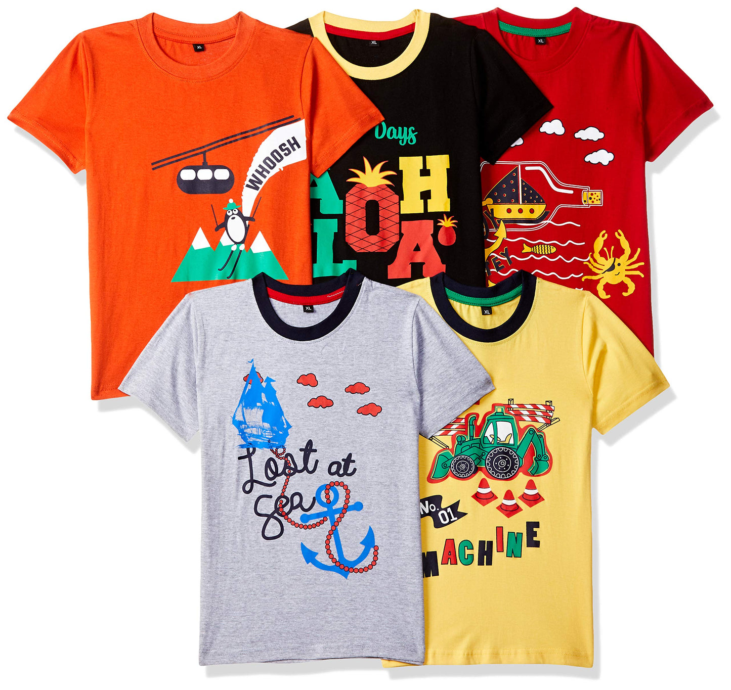 T2F Boys Cotton Printed Regular Fit T-Shirt (Pack of 5)