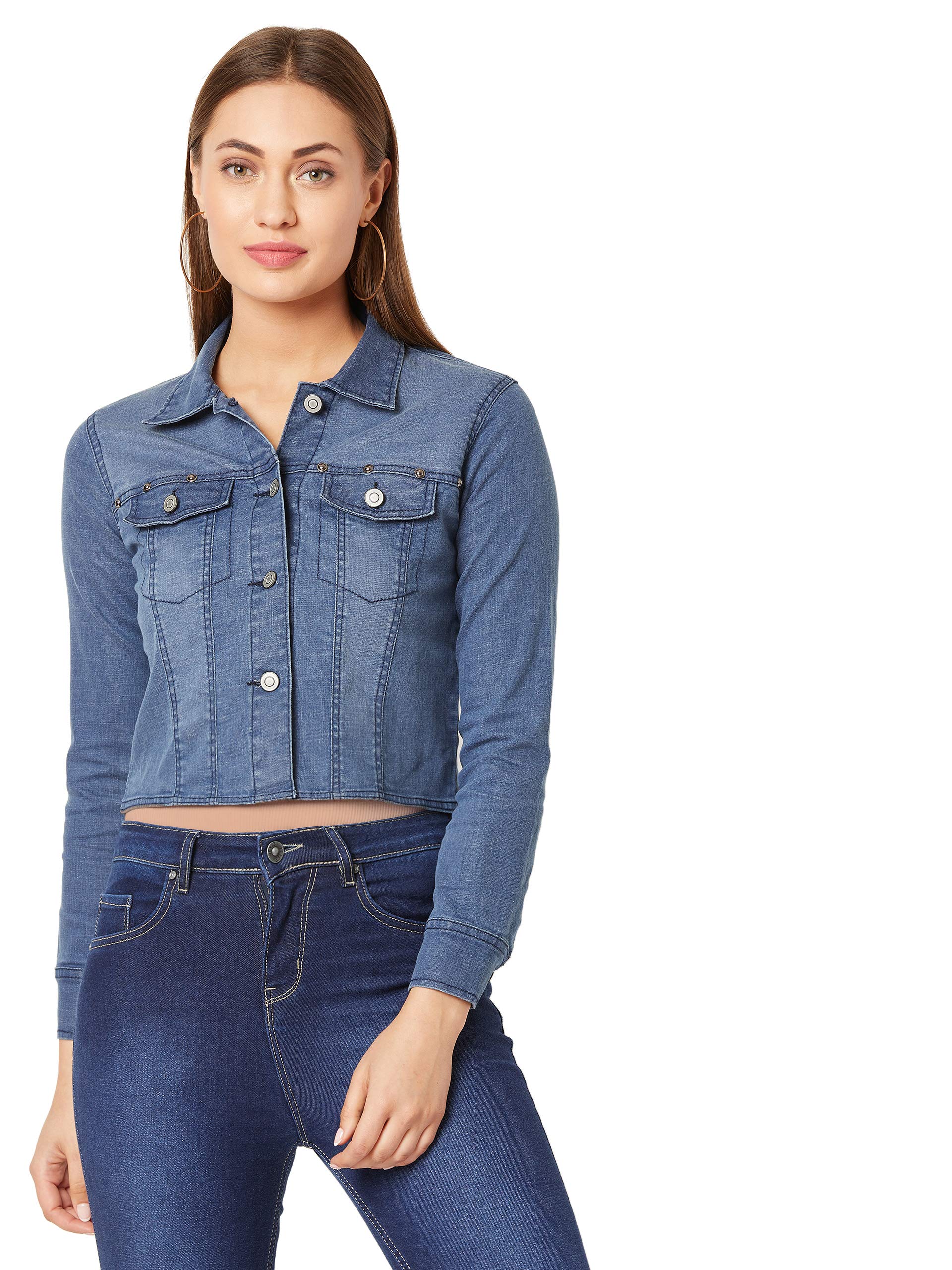 Miss Chase WomenS Navy Blue Crop Denim Jacket(Mcaw19Den05-58-71-06,Navy Blue,X-Large)