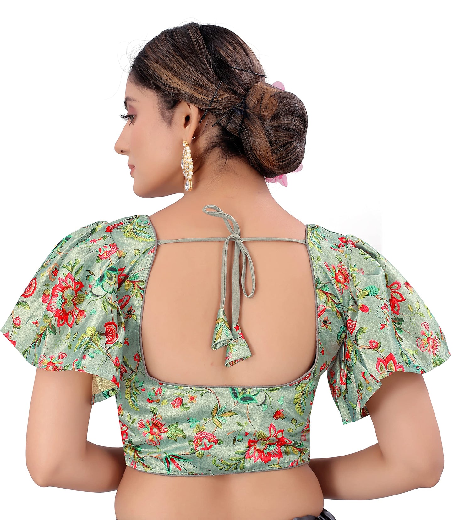 Pujia Mills WomenS Multicolor Butterfly Floral Print Pattern Ruffle Sleeve Readymade Saree Blouse