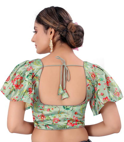 Pujia Mills WomenS Multicolor Butterfly Floral Print Pattern Ruffle Sleeve Readymade Saree Blouse
