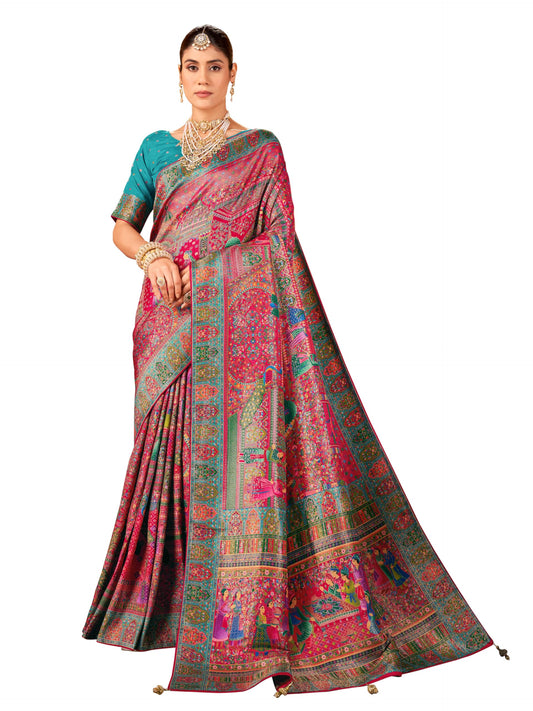 Glory Sarees WomenS Luxurious Dola Pure Silk Original Saree Position Print Work Madhubani Inspired Motifs Banarasi Kanjivaram St