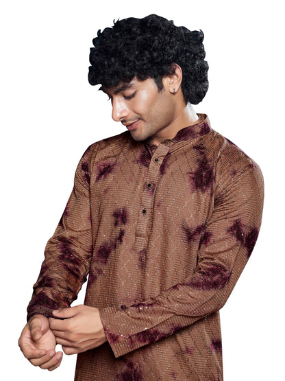 Vardha MenS Viscose Sequence Stitched Kurta, Flowy Wine Pattern Shibori Dyed Ethnic Kurtas For Men, Mandarin Collar, Pearl Butt