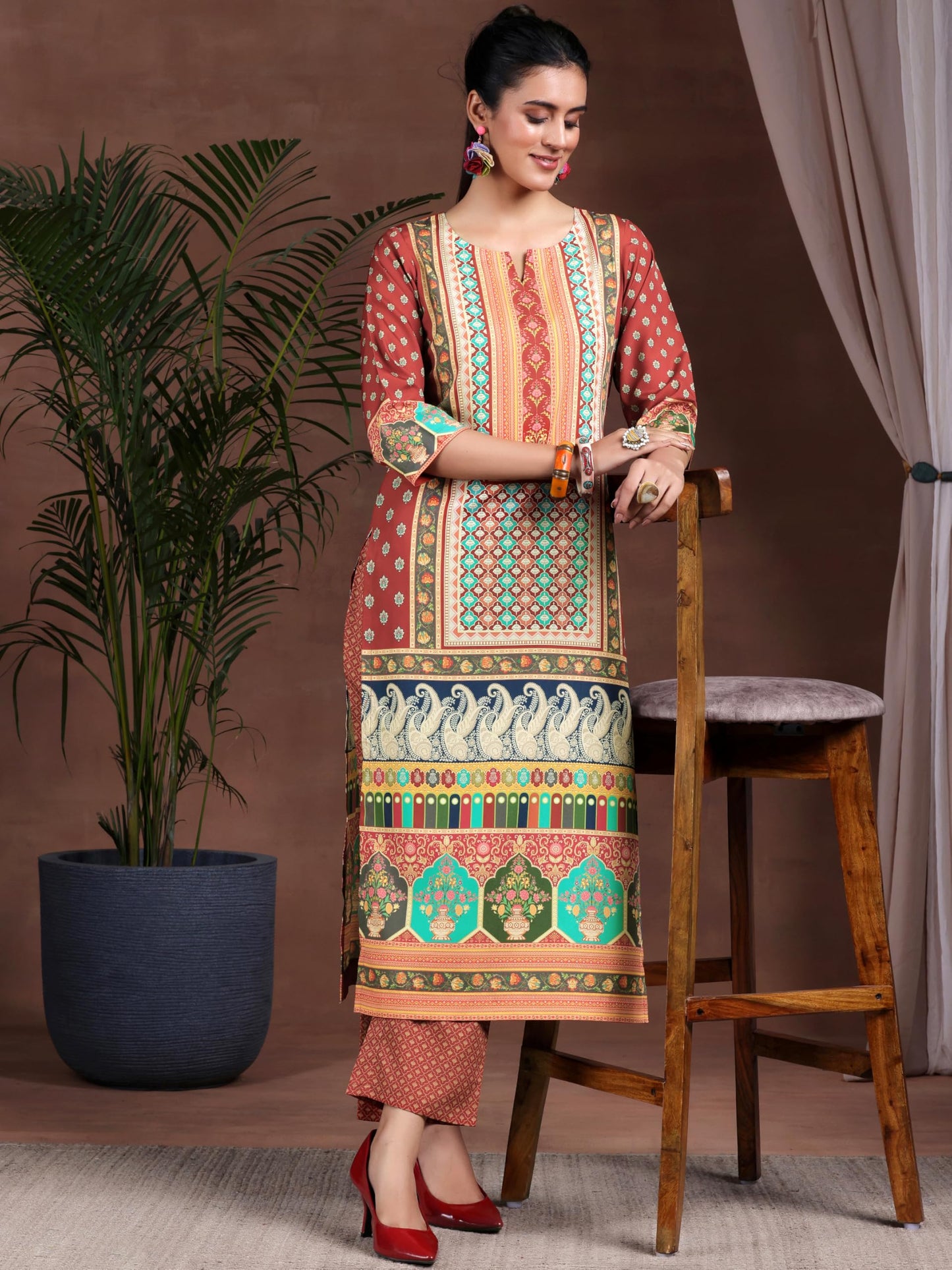 Libas Womens Printed Crepe Straight Kurta With Palazzos