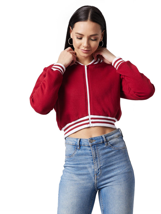 Dolce Crudo WomenS Maroon V-Neck Full Sleeve Solid Bomber Crop Jacket (Doaw21Jkt03-34-143-04,Maroon,M)
