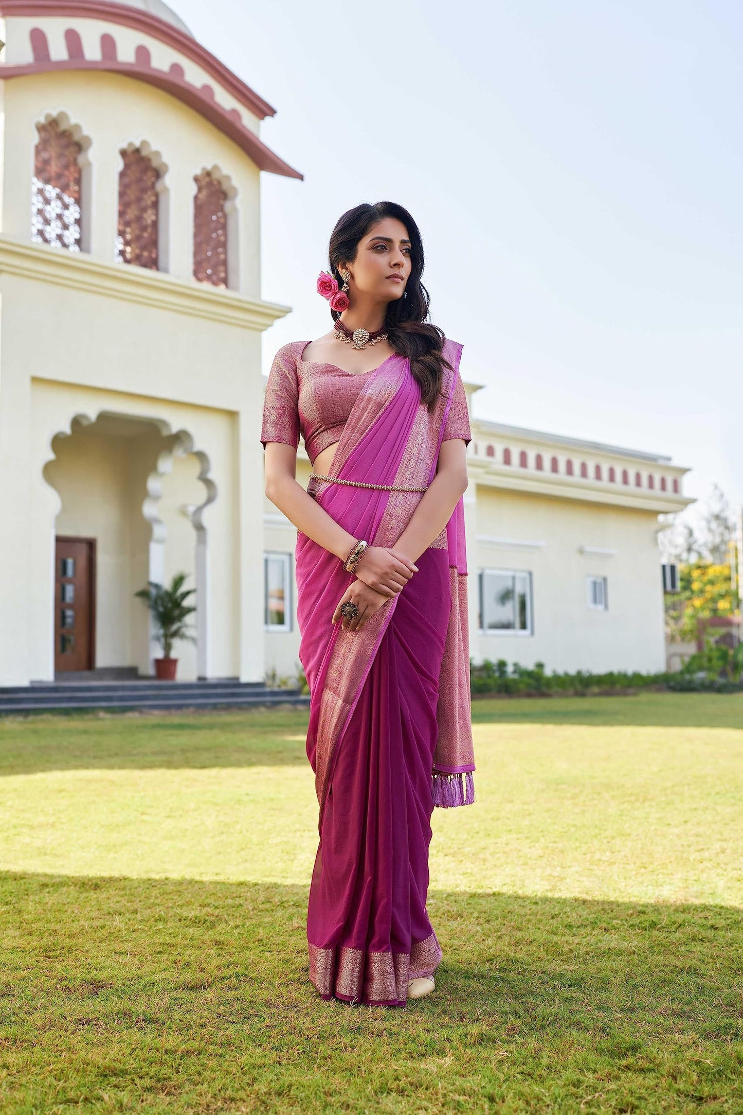 Vardha Womens Banarasi Georgette Half and Half Saree with Unstitched Blouse Piece - Gold Zari Woven Work Sarees for Wedding (ish