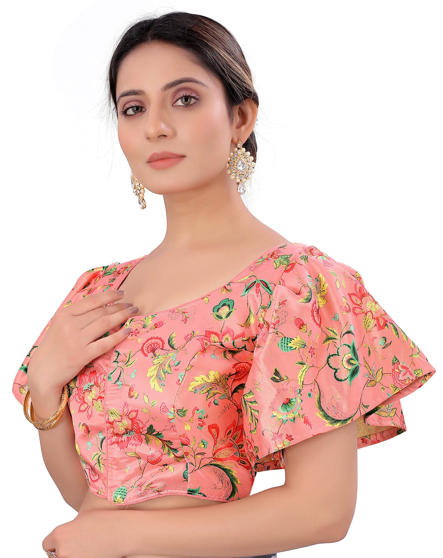 Pujia Mills WomenS Multicolor Butterfly Floral Print Pattern Ruffle Sleeve Readymade Saree Blouse