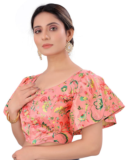 Pujia Mills WomenS Multicolor Butterfly Floral Print Pattern Ruffle Sleeve Readymade Saree Blouse