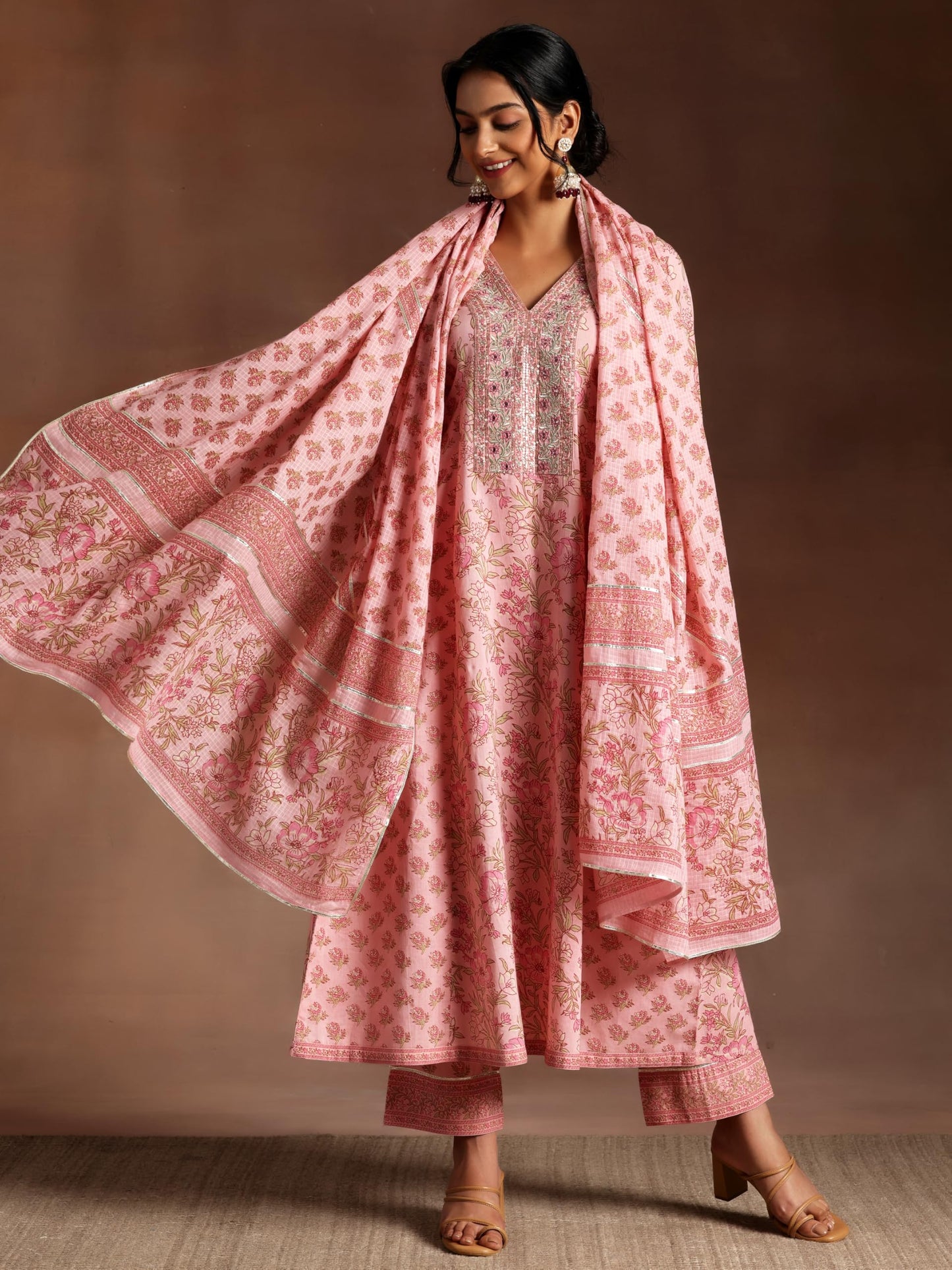 Libas Womens Printed Cotton A-Line Kurta With Trousers And Dupatta