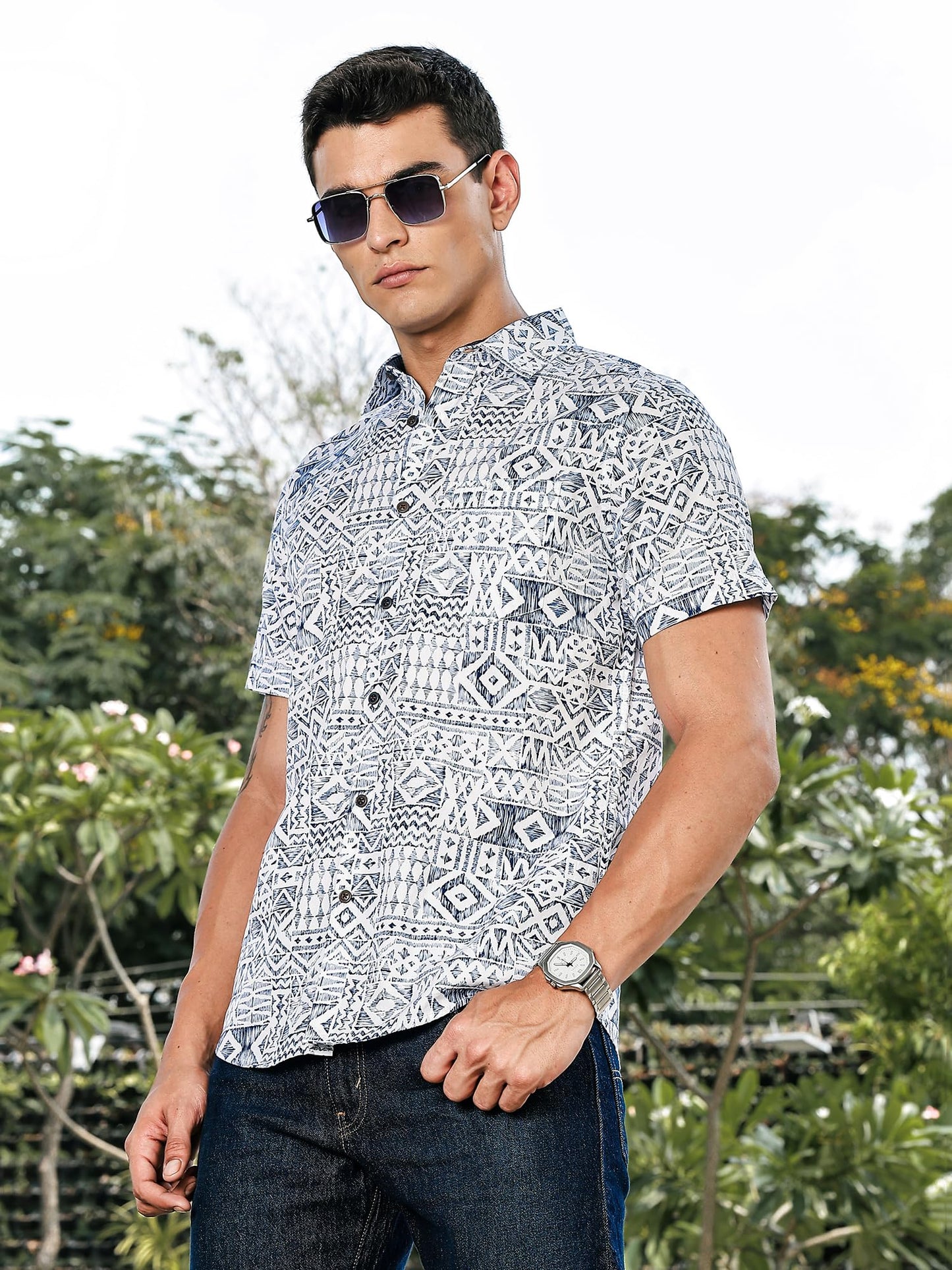 Thomas Scott Mens | All Over Printed | Spread Collar | 100% Cotton | Short Sleeve | Shirts for Men (Available in Plus Size) Blu