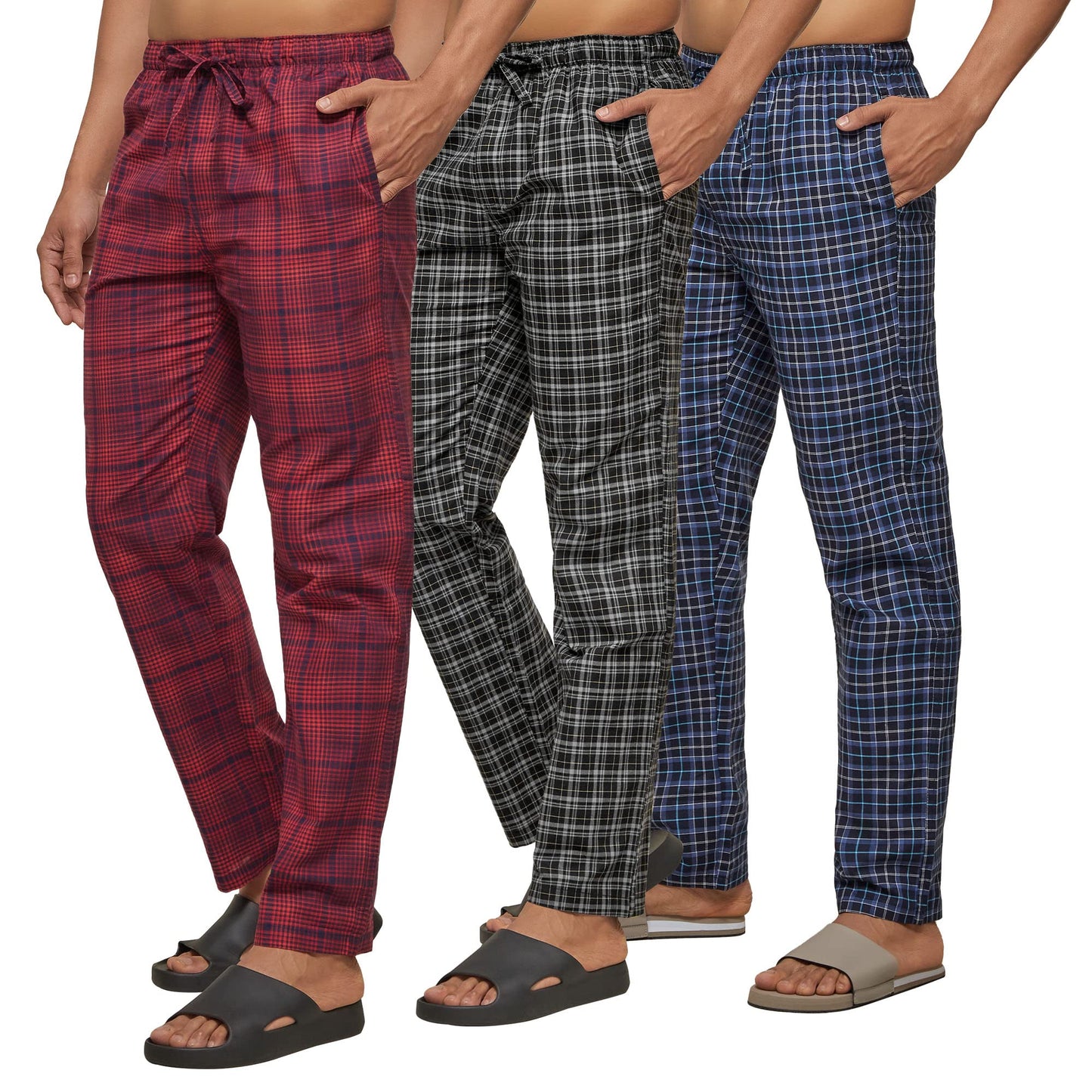 XYXX Mens Super Combed Cotton Checkered Checkmate Pyjamas [Pack of 3] Elasticated Waist, Drawstring | Loungewear for Men in Blu
