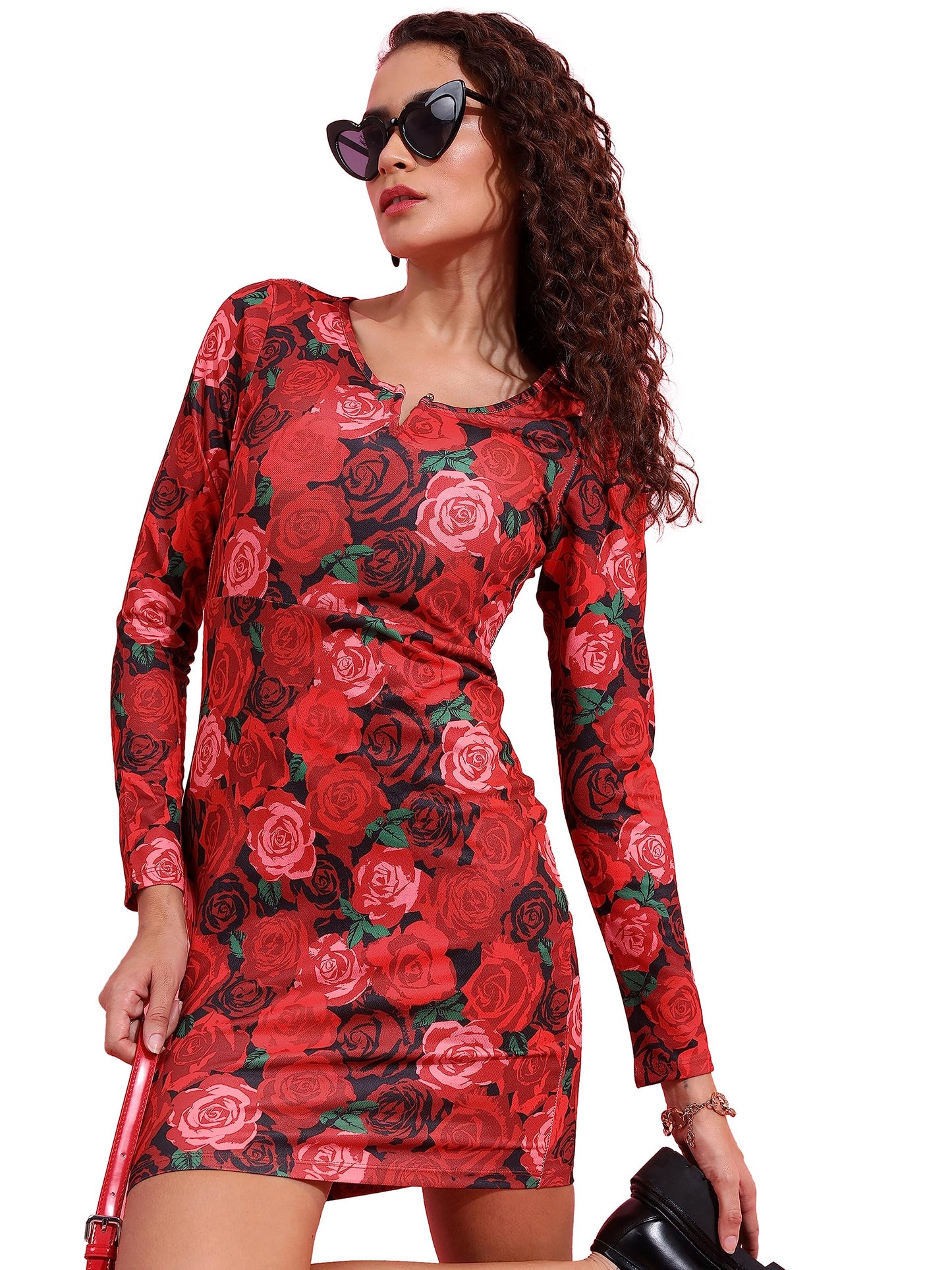 Ketch Polyester Blend Women Fashion Wear Casual Fit Dress Standard Length (Khj6000361_Red /Multi_S)