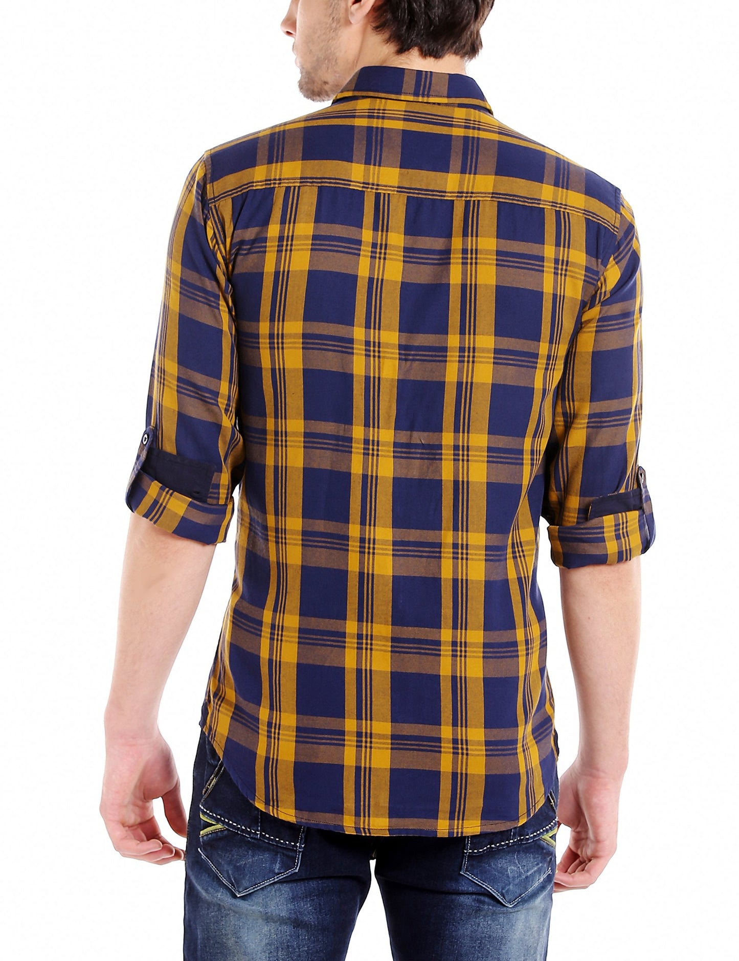 Dennis Lingo MenS Cotton Mustard Checkered Slim Fit Full Sleeves Spread Collar Casual Shirt