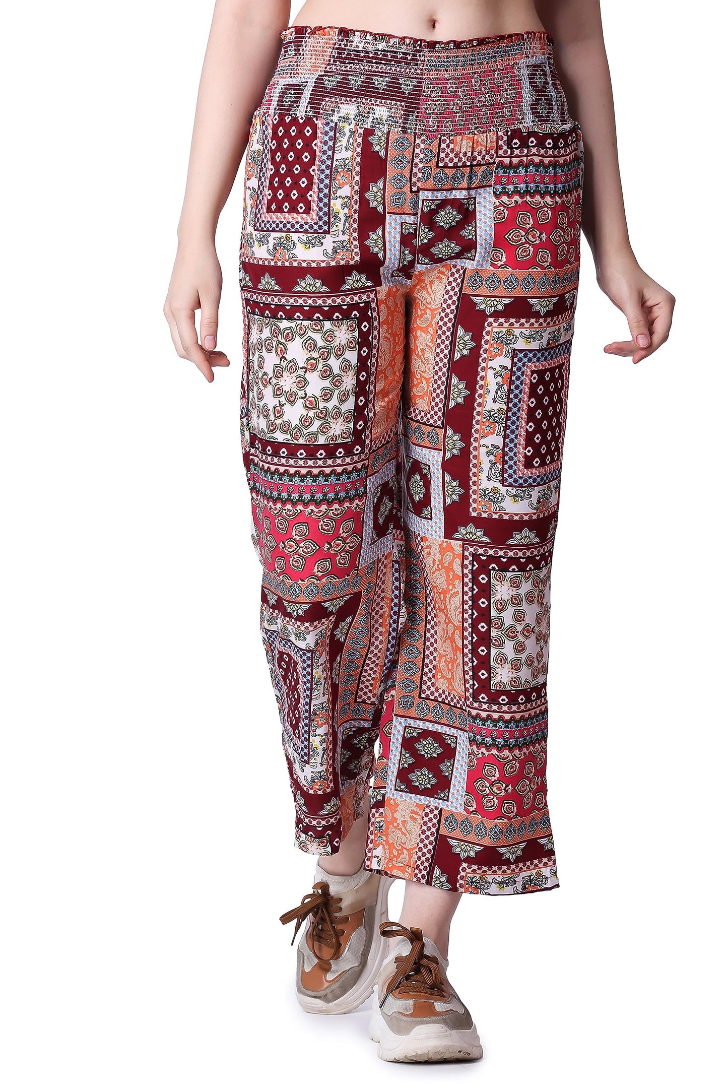 POPWINGS Casual Boho Printed Side Wide Leg Trousers for Women || Summer Wear Comfortable Pull-On Women Trousers || Latest Wester