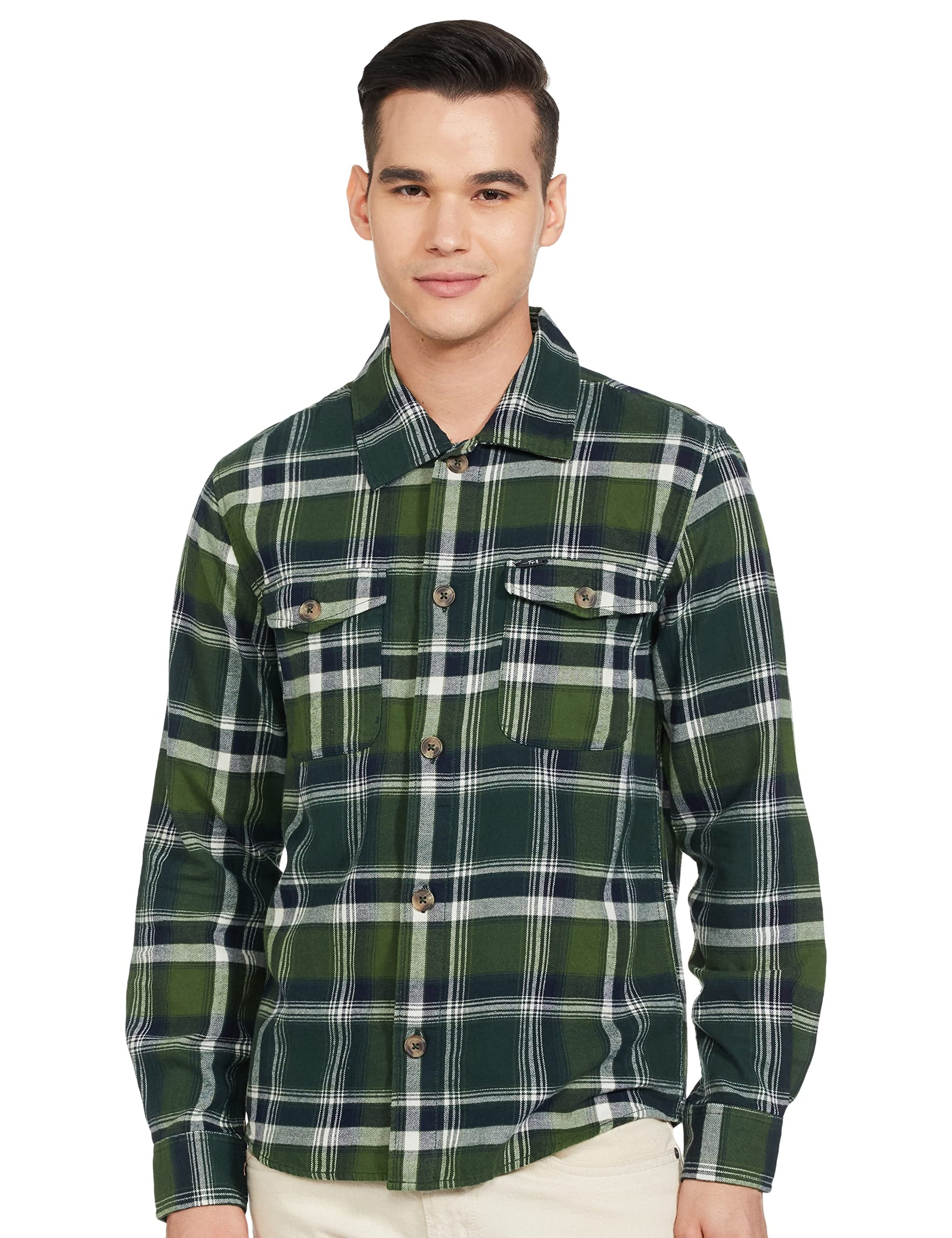 The Indian Garage Co Green Regular Fit Spread Collar Checkered Long Sleeves Shirt