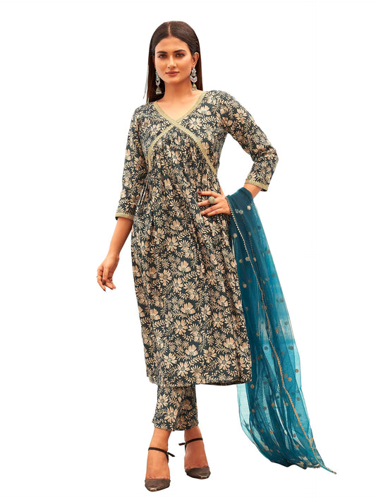 Womanista Women's Silk Blend Foil Printed Sequins Work Alia Cut Anarkali Kurta Trouser With Dupatta Set