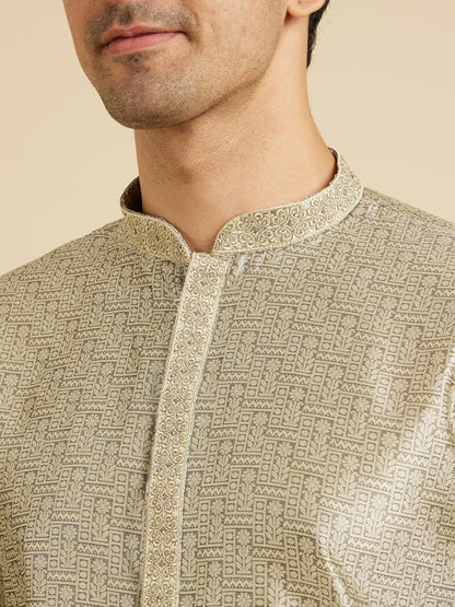 Manyavar MenS Art Silk Intricate Prints & Neck Detailing Kurta Pyjama Set (Green,L)