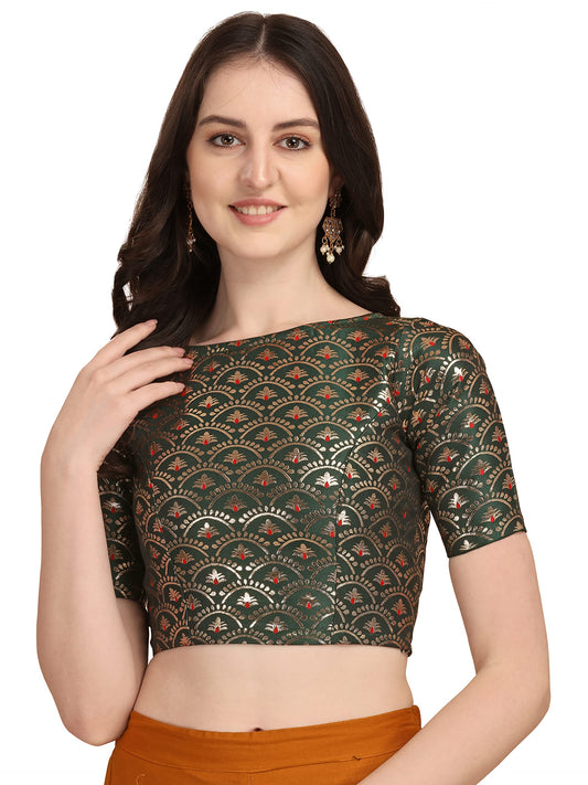 OOMPH! Womens Indian Ethnic Wear Designer Zari Work Boat Neck Half Sleeve Forest Green Color Blouse for Saree or Lehnga and Pal