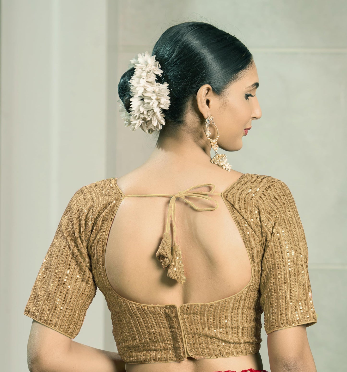 Pujia Mills Women's Designer Embroidered Sari Blouse, Georgette, Gold, Size 74, PM B Navya Model, Deep V Neck, Half Sleeve