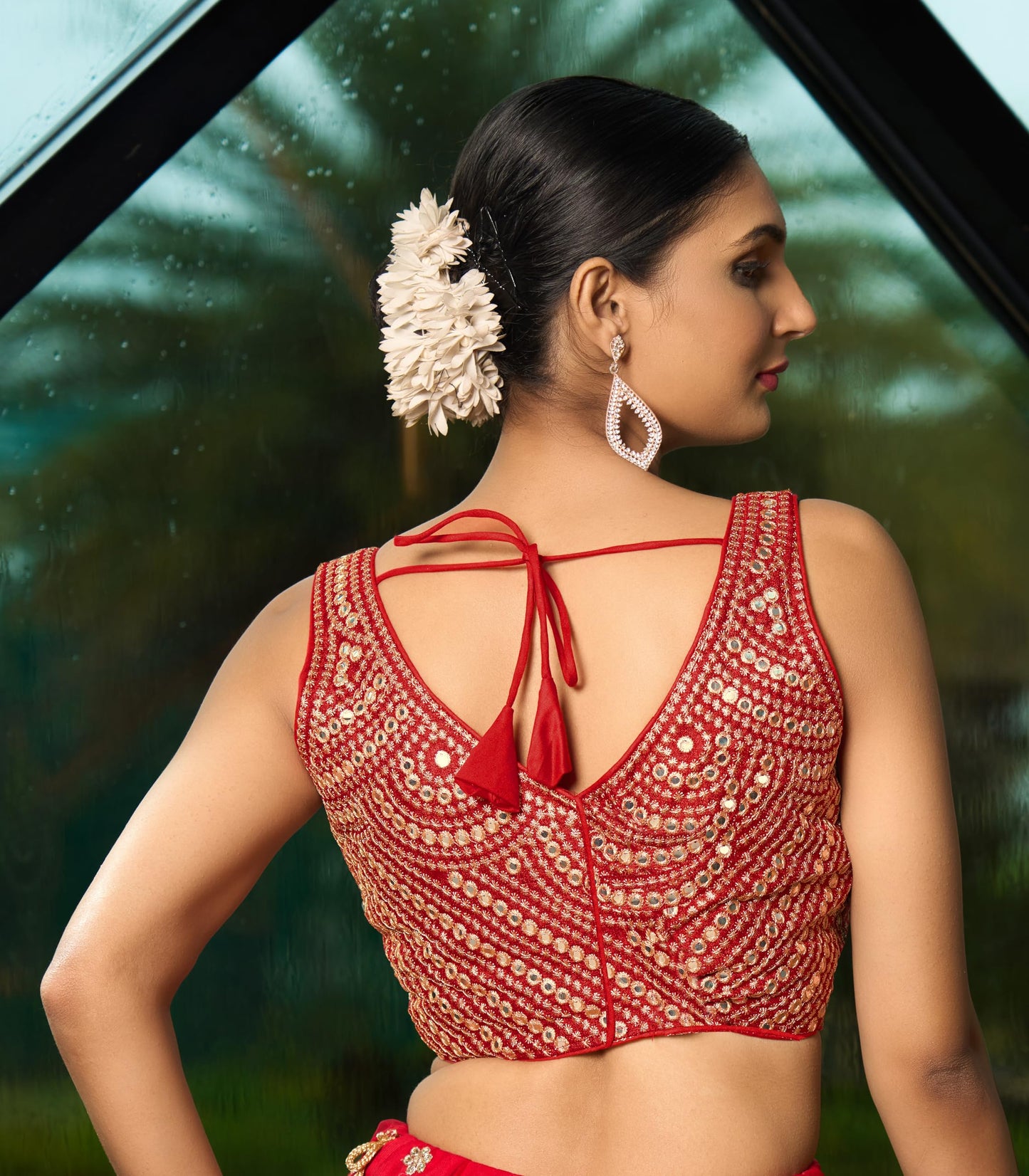 Pujia Mills Fancy WomenS Foil Mirror And Thread Zari Work Sweetheart Neck Silk Sleeveless Blouse (Pc Bindi Foil Parent) (Red, 3