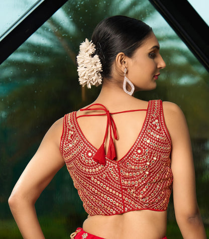 Pujia Mills Fancy WomenS Foil Mirror And Thread Zari Work Sweetheart Neck Silk Sleeveless Blouse (Pc Bindi Foil Parent) (Red, 3