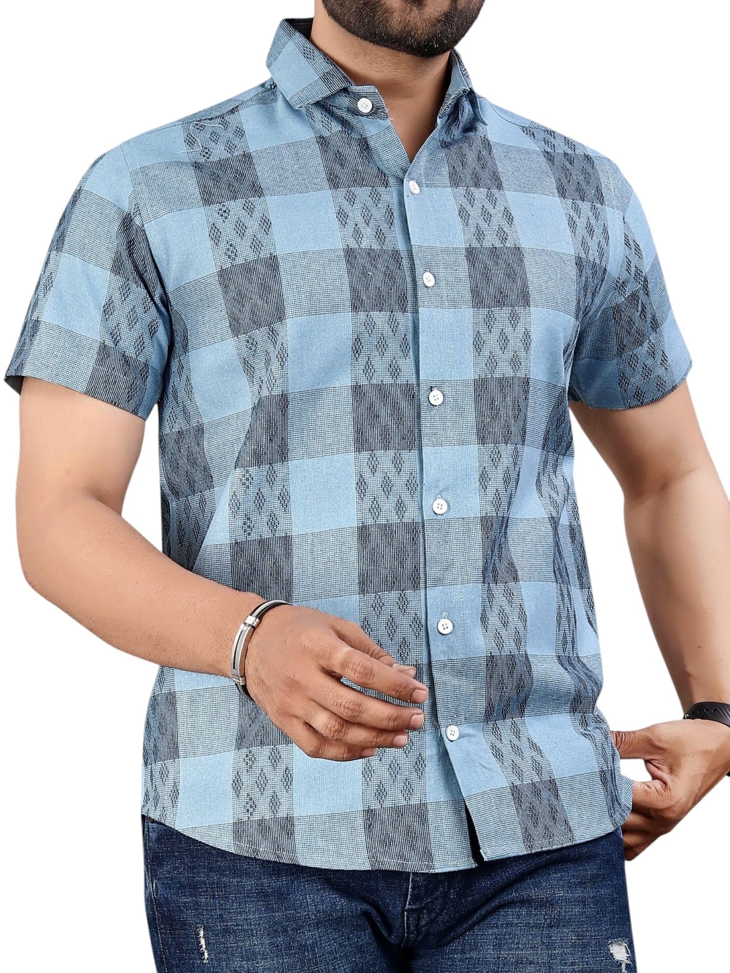 Mildin MenS Sky Navy Cotton Blend Half Sleeve Spread Collar Regular Fit Checkered Printed Formal Shirt (Sky Navy Zara Checks Ha