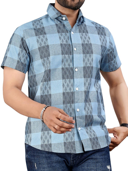 Mildin MenS Sky Navy Cotton Blend Half Sleeve Spread Collar Regular Fit Checkered Printed Formal Shirt (Sky Navy Zara Checks Ha