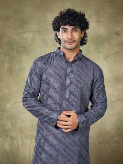 Vardha MenS Royal Blue Viscose Sequence Readymade Kurta For Men - Sequins Embroidery, Mandarin Collar, Traditional Design Blue