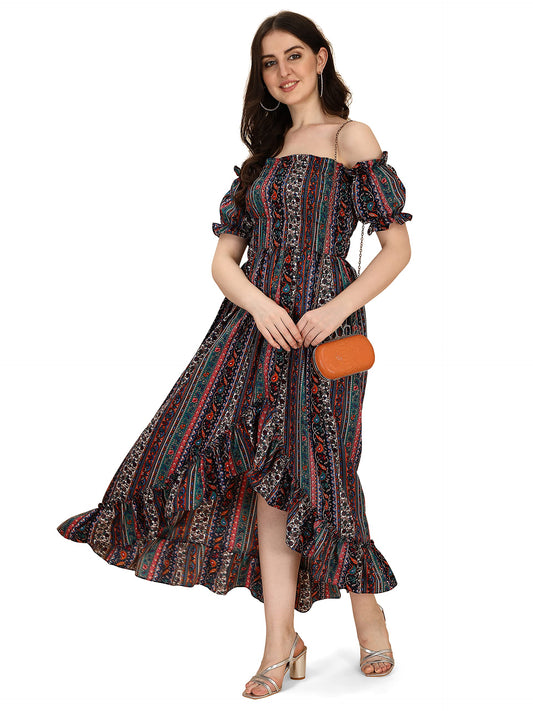 Oomph! Flared Dress For Women Stylish | Long One Piece For Women | Off Shoulder Puff Sleeve Long Dress | Floral Print Maxi One P