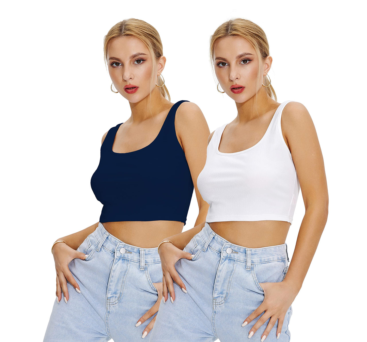 Shasmi Womens & Girls Solid Ribbed Square Neck Collarless Sleeveless Slim Fit Simplicity Tank Tops (Pack of 2) (TOP 36 White N