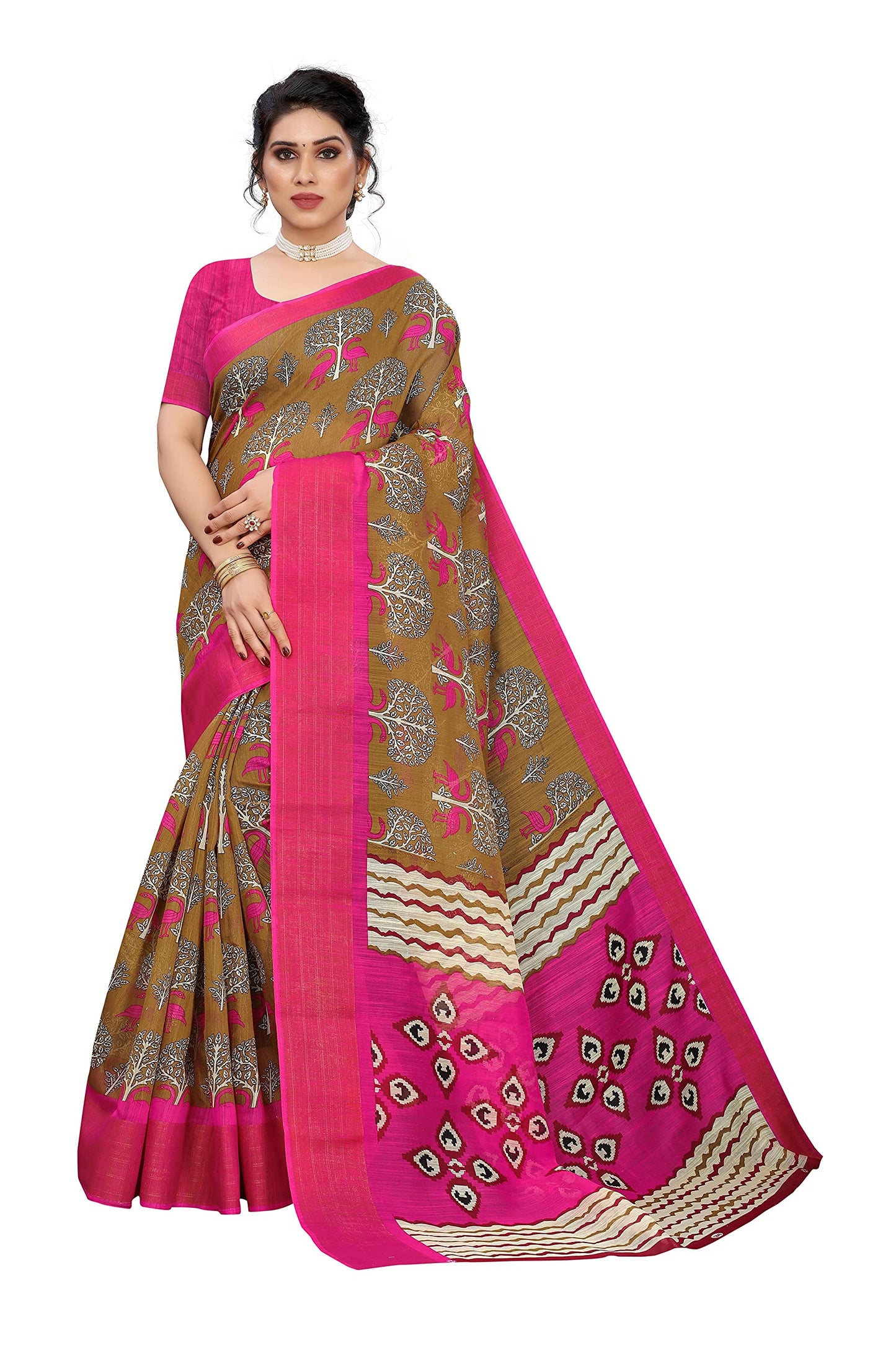 ANNI DESIGNER Womens Linen Cotton Floral Printed Saree with Blouse Piece (SARVI BEIGE_Beige)