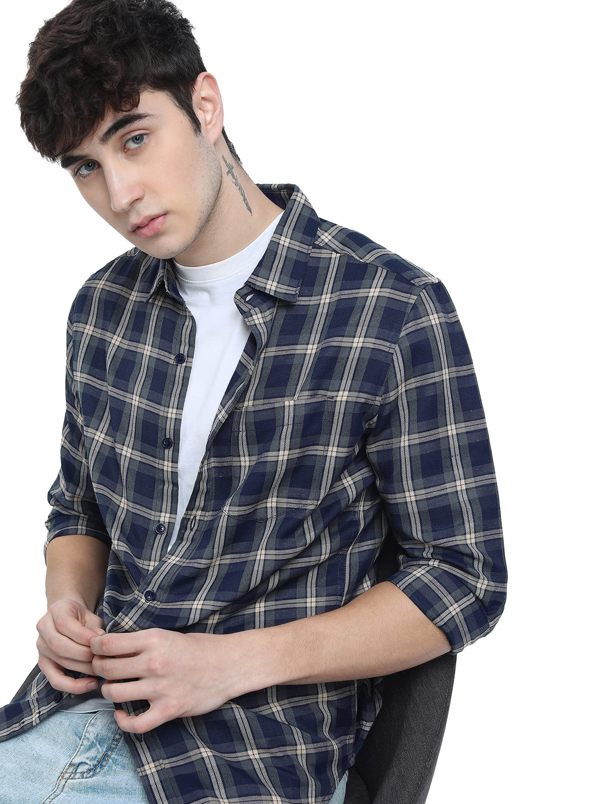 Ketch MenS Polyester Letter Print Straight Fit Regular Shirt (Khsh000532_Navy/Beige S)
