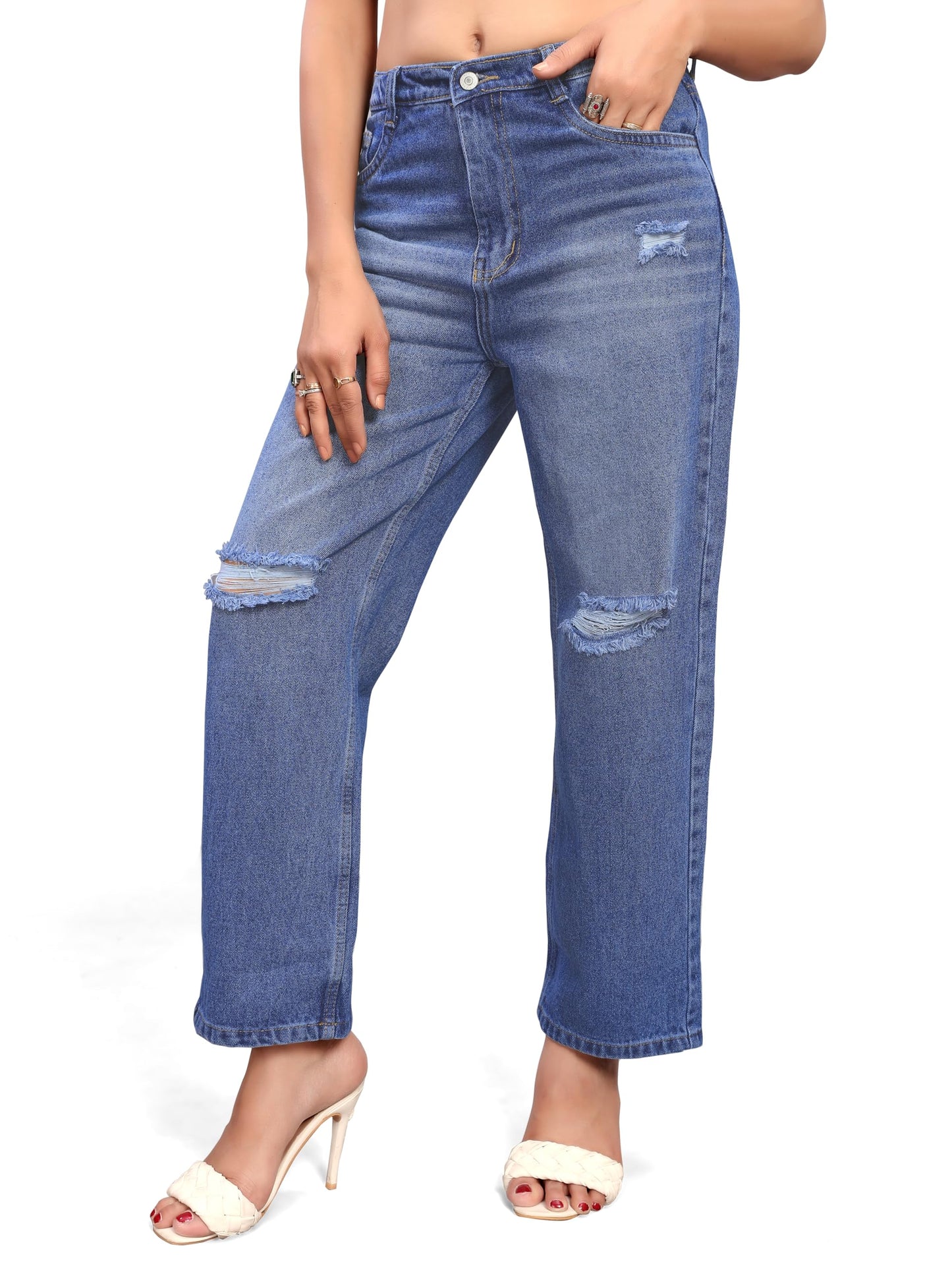 ELLITI Womens Knee Cut Stone Blue(Dark Blue) Regular Fit High Rise Relaxed/Boyfriend Fit, Wide Leg, Bell Bottom, Pure Denim Bel
